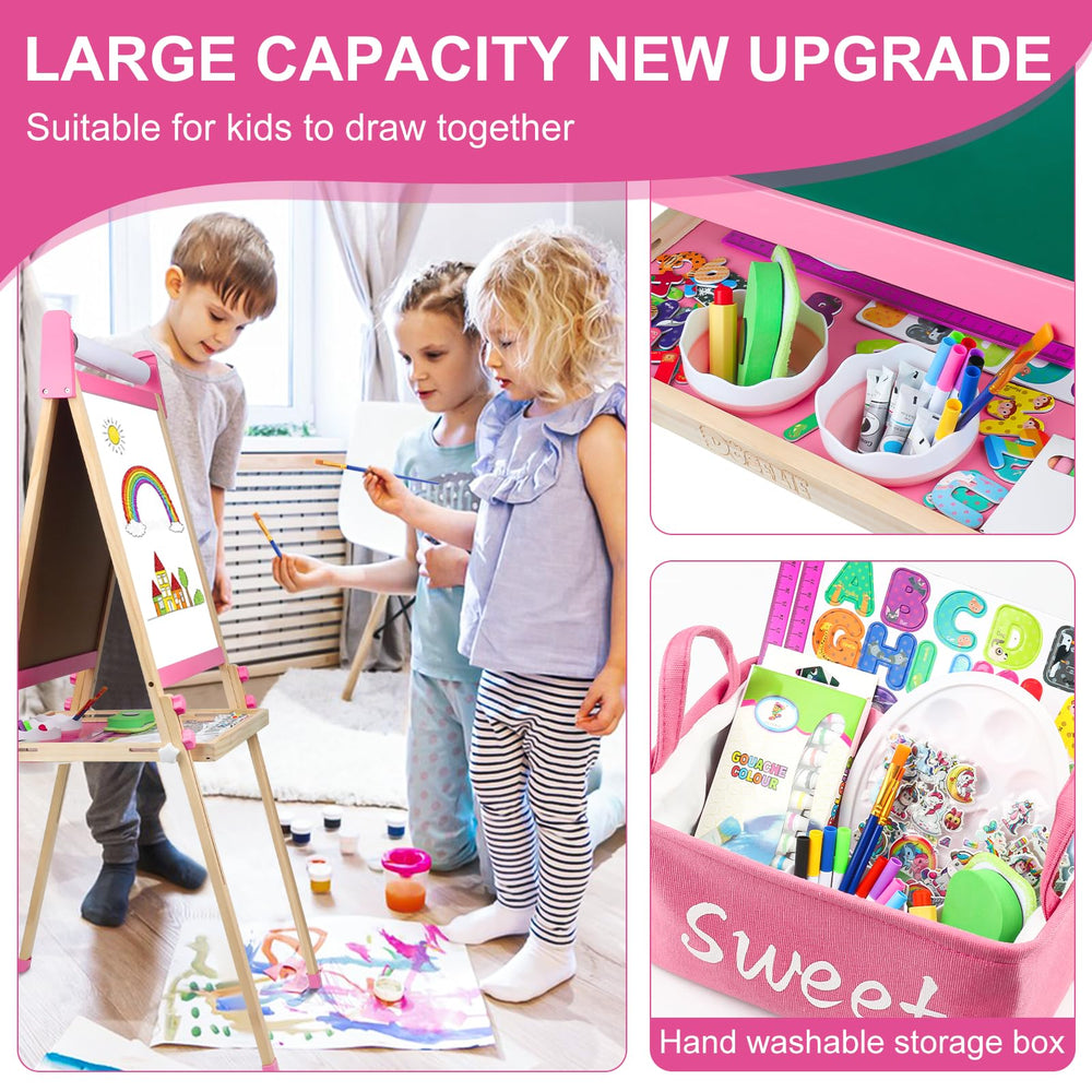 Doselie easel storage basket keeps brushes and supplies organized.