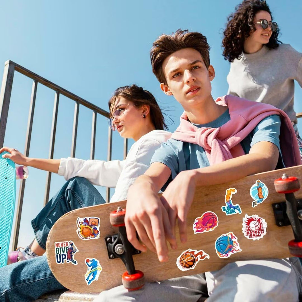 DothRayan basketball stickers on a snowboard brighten gear with waterproof, outdoor-ready decals.