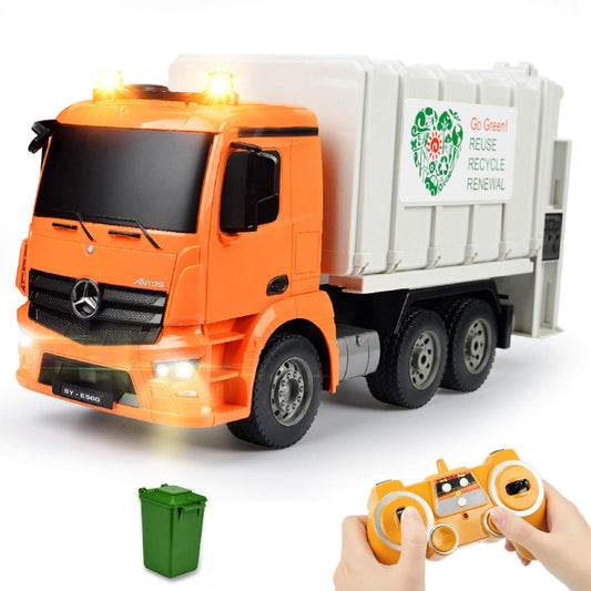 DOUBLE E Benz licensed garbage truck front view highlights authentic 1/20 scale for immersive play.