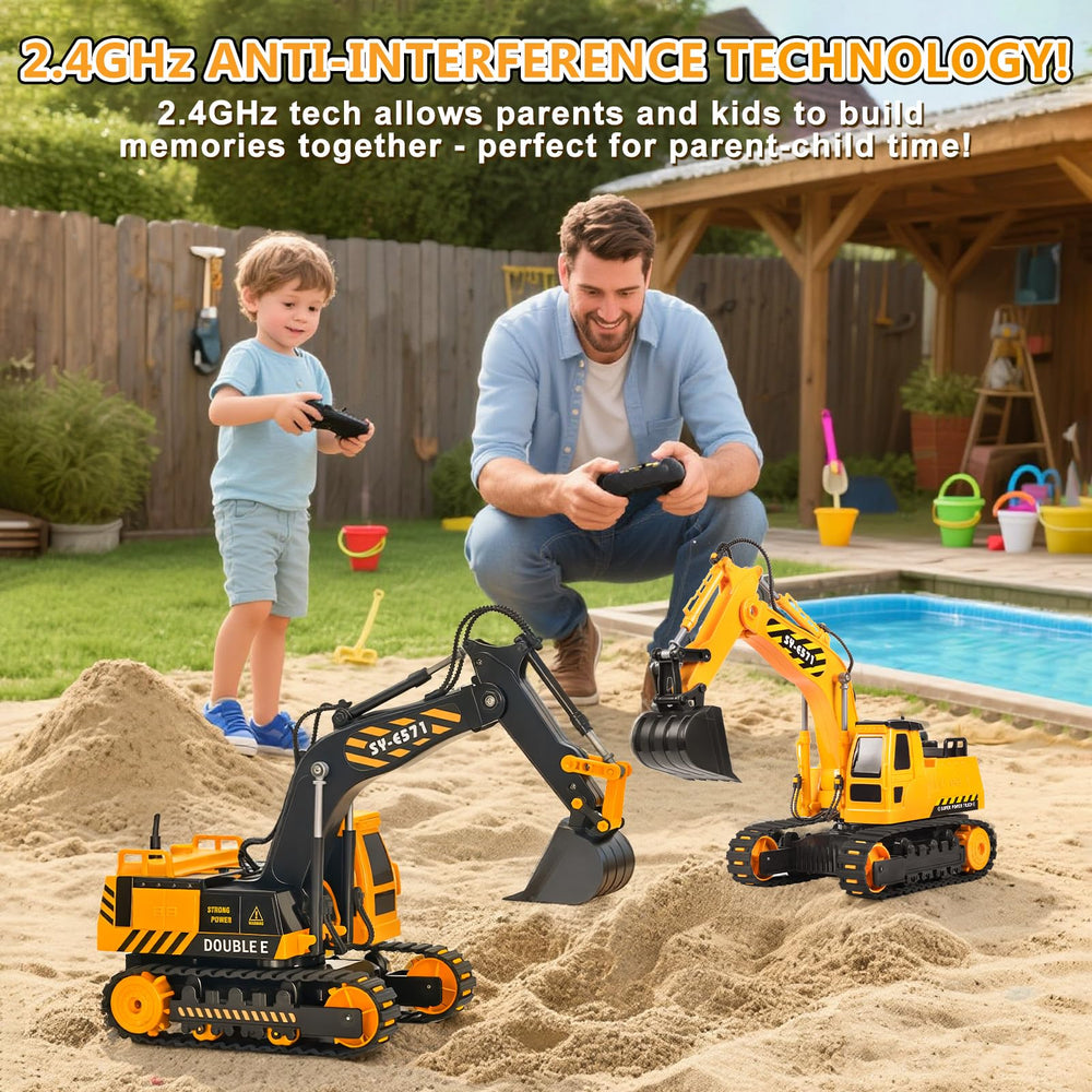 Double E RC excavator toy all-terrain tracks on grass and sand