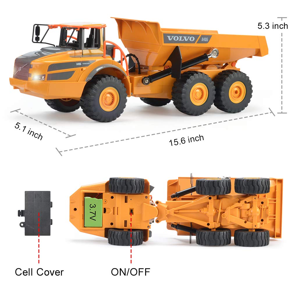 DOUBLE E Volvo RC dump truck kid-friendly-design supports imaginative role-play sessions.