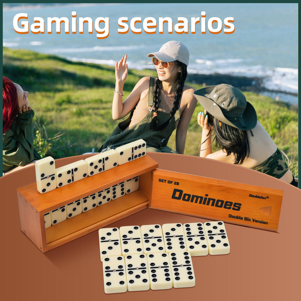 Doublefan dominoes bundle enables Chicken Foot and Mexican Train play