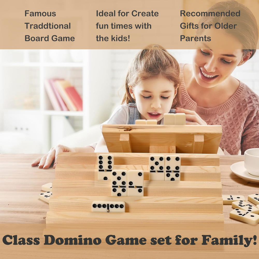 Doublefan dominoes wooden storage box highlights organized game night setup.