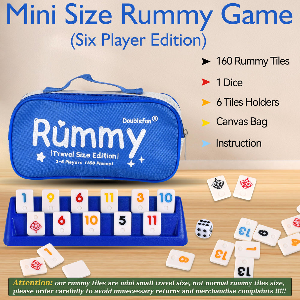 Six Doublefan Rummy Cube racks arranged for multiplayer family game night.