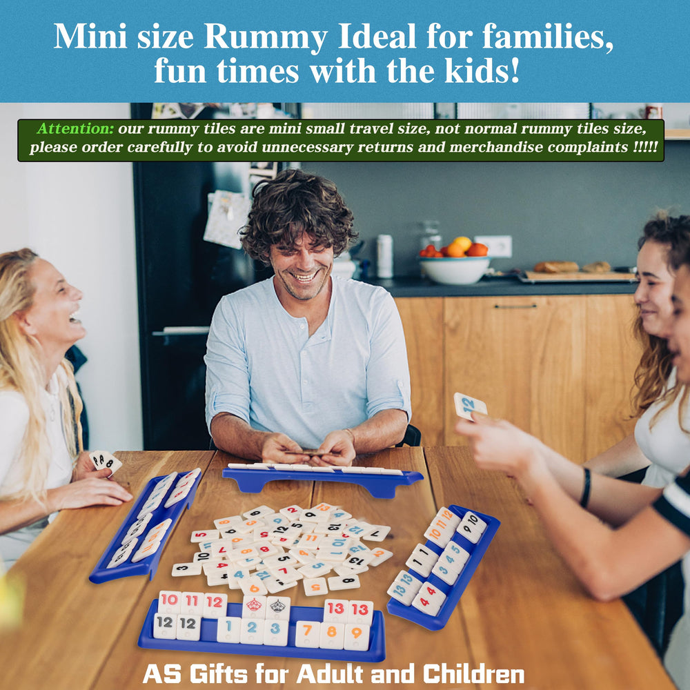 Four players gathered around the Doublefan Mini Rummy Cube Set for family play