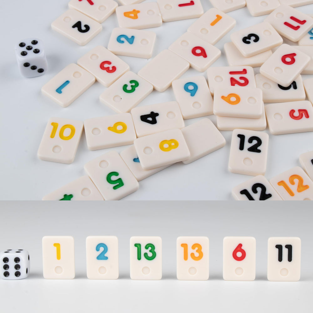 Travel-ready Doublefan Rummy Cube setup on a coffee table.