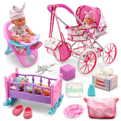 Doublekai Baby Doll Stroller Set front view, perfect for nurturing role-play and imaginative trips.