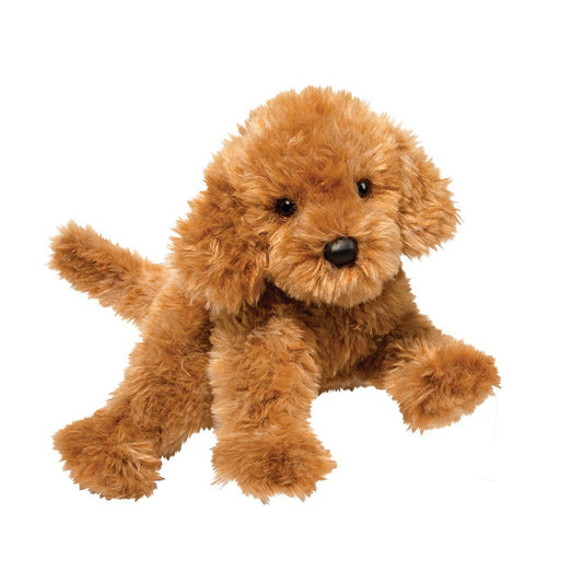 Douglas Addie caramel Labradoodle plush face close-up, showcasing soft fur and lifelike charm for cuddles.