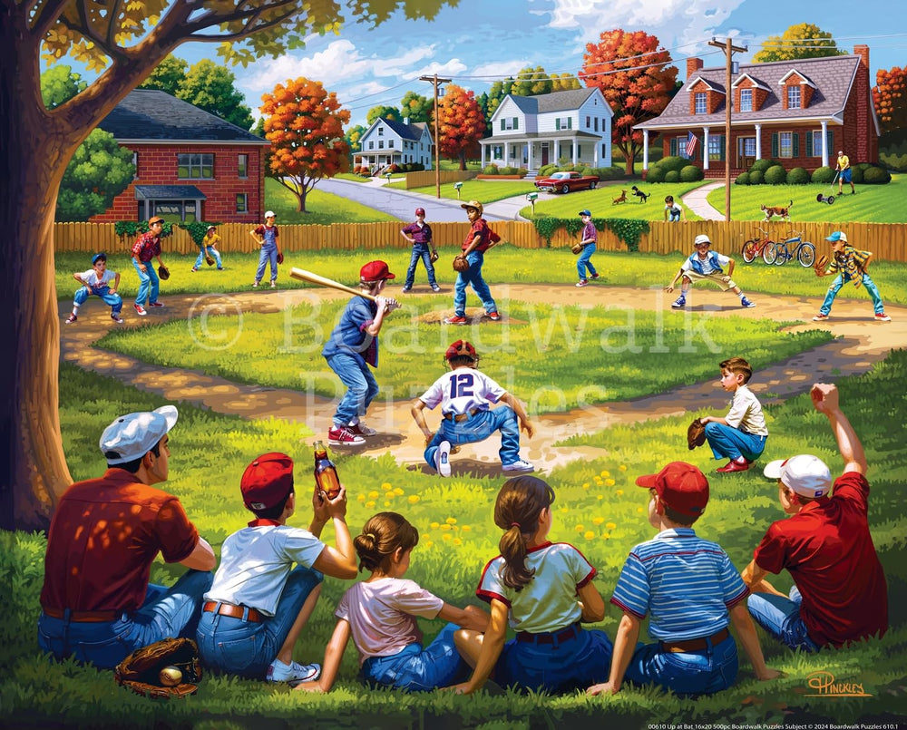 Dowdle Boardwalk Puzzles Up at Bat 500-piece puzzle for adults, durable Eska board supports repeated play.