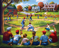 Dowdle Boardwalk Puzzles Up at Bat 500-piece puzzle for adults, durable Eska board supports repeated play.