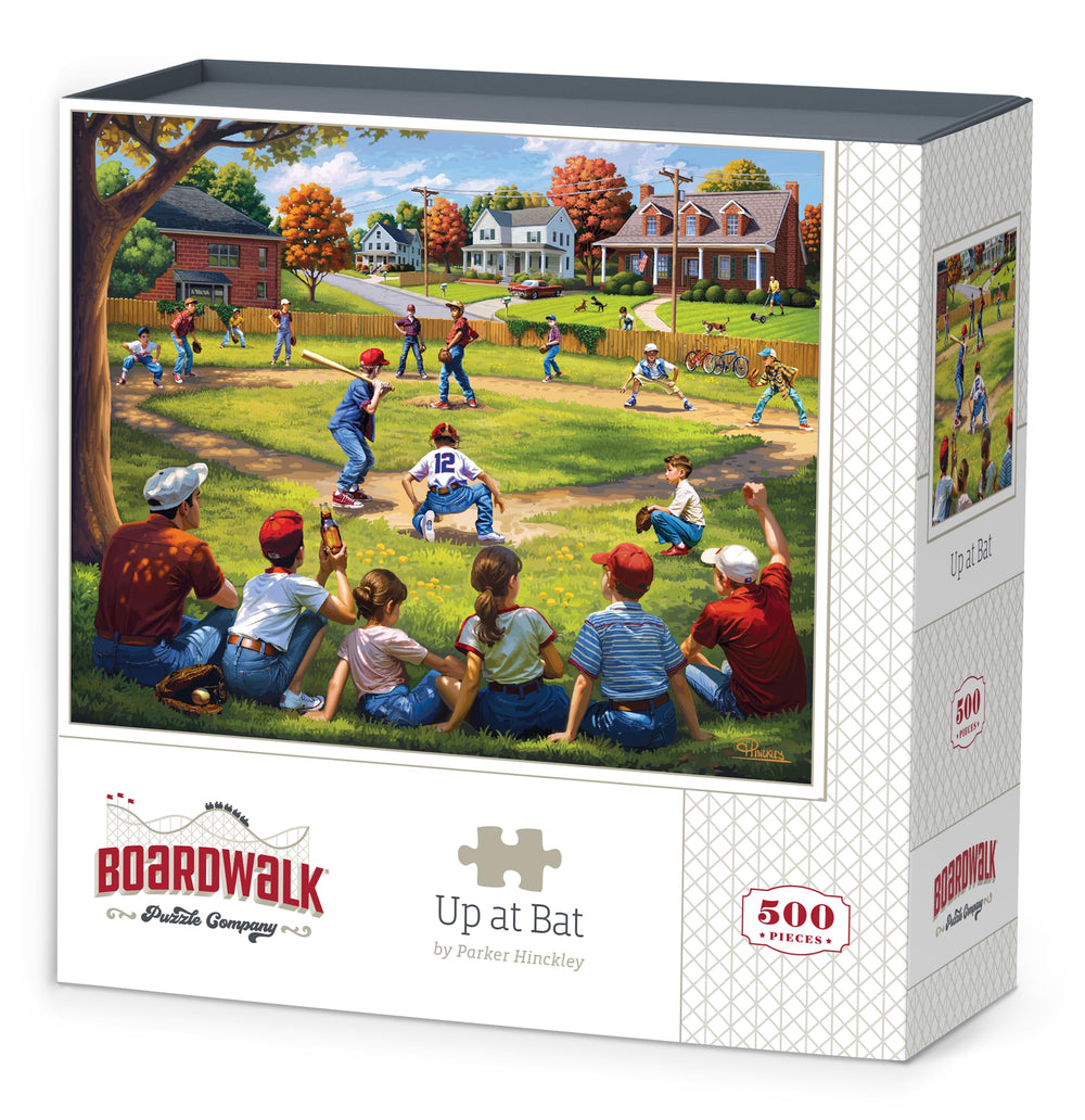 Dowdle Boardwalk Puzzles Up at Bat puzzle box with exclusive Parker Hinckley art for family puzzle sessions.