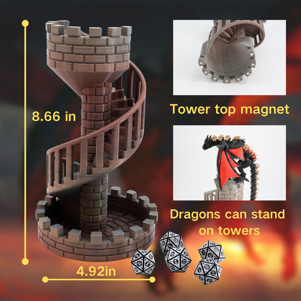 Dpcirk Wyvern Castle Dice Tower side view highlights sturdy 3D‑printed construction.