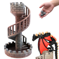 Dpcirk Wyvern Castle Dice Tower front view with dragon guarding treasure for immersive RPG nights.
