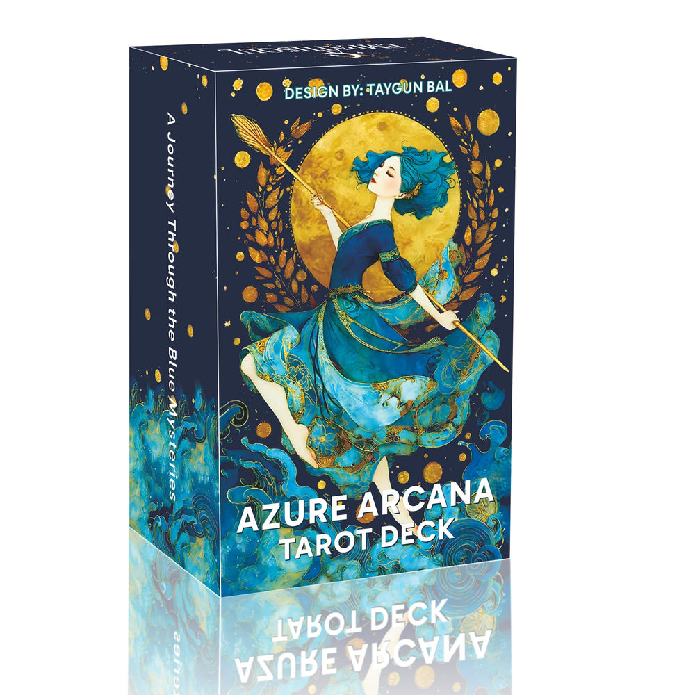DPEHAKMK Azure Arcana Tarot deck with blue and gold art for intuitive readings.