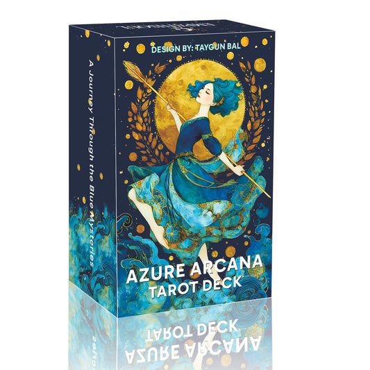 DPEHAKMK Azure Arcana Tarot deck with blue and gold art for intuitive readings.