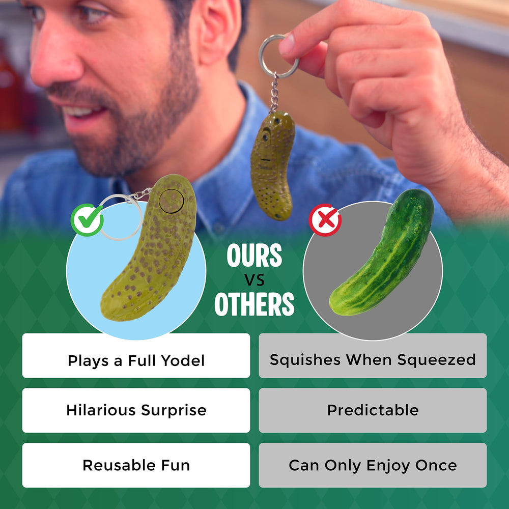 DR DINGUS Office gag pickle keychain on desk, lighthearted desk buddy