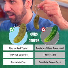 DR DINGUS Office gag pickle keychain on desk, lighthearted desk buddy