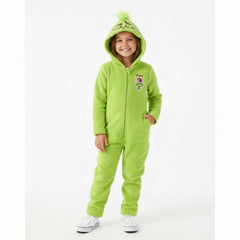 Dr. Seuss Grinch hooded coverall back view showcases durable warmth for chilly party days.