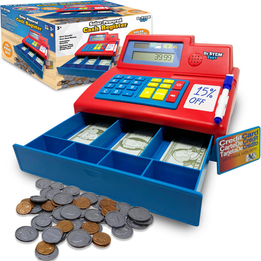 Dr. STEM Toys solar-powered cash register front view for pretend math play.