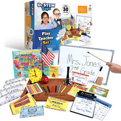 Dr. STEM Toys teacher set whiteboard for reusable pretend lessons and writing practice.