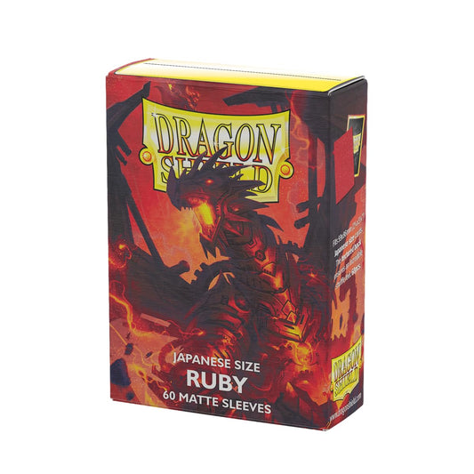 Dragon Shield Japanese Size matte sleeve in ruby protects Yu-Gi-Oh cards during storage.