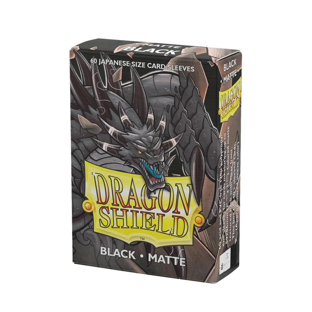 Dragon Shield Japanese Size Matte Sleeves front view, clear front for card visibility, black back shields distraction.