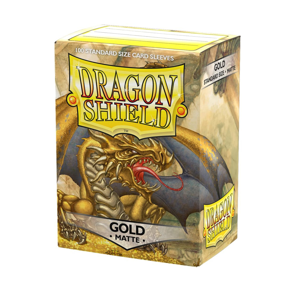 Dragon Shield Matte sleeves front view with clear fronts and gold backs for premium protection.