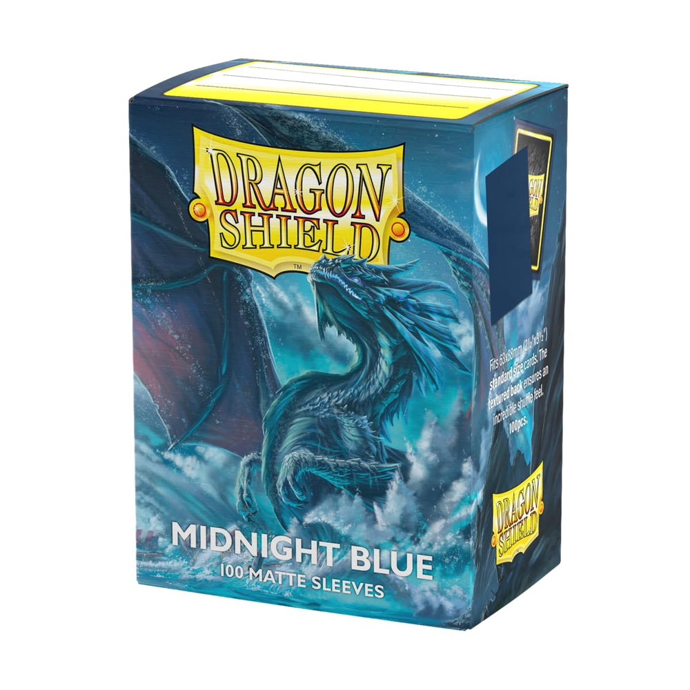 Dragon Shield standard sleeves midnight-blue 100ct protect cards during daily play and travel.