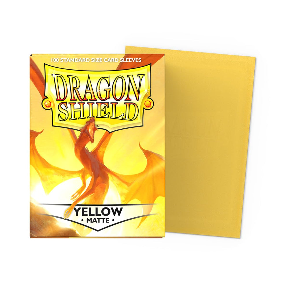 Dragon Shield standard-size yellow matte sleeves hug standard cards with a tight fit (close-up).