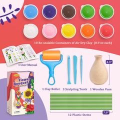 Air-dry clay flowers created with Drama Planet kit, no kiln required for quick, mess-free crafting.