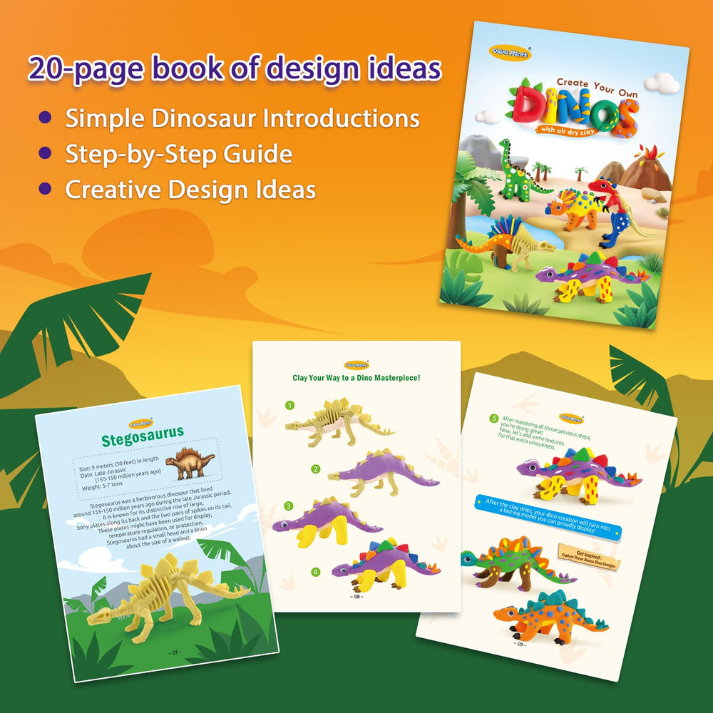 Drama Planet Dinosaur Air Dry Clay Kit instruction guide with step-by-step ideas
