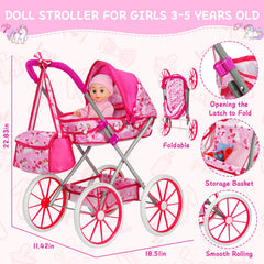 DRAMATION foldable doll stroller with canopy for easy storage and smooth rides.