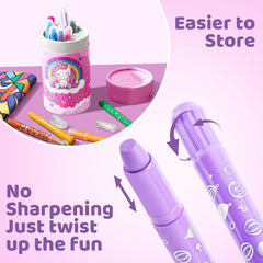 DreamCandy Twist Crayons with unicorn holder keeps art supplies organized