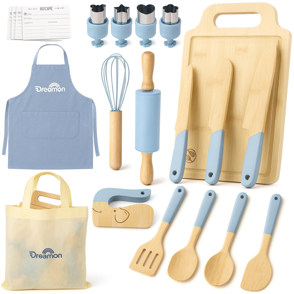 Dreamon 29-pcs wooden kids cooking set packaging, a complete starter kit for budding chefs at home.