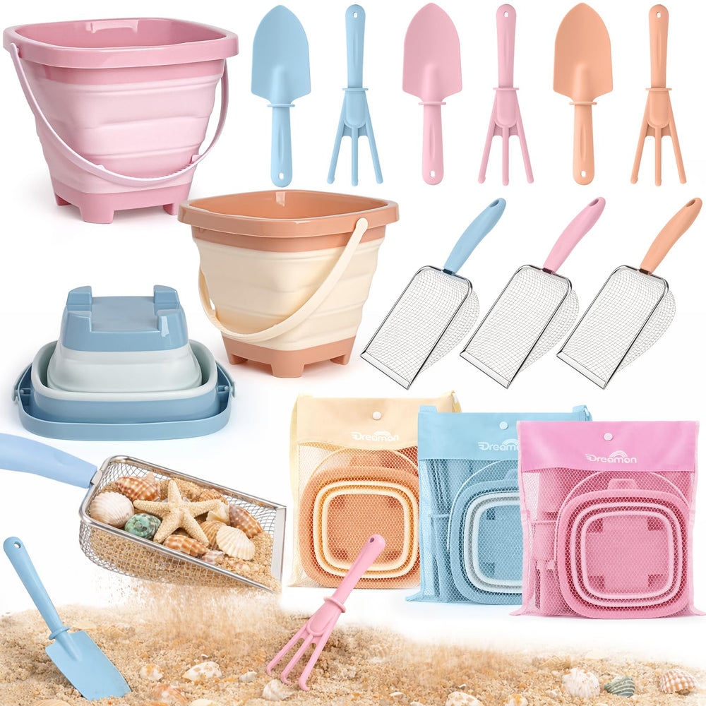 Dreamon foldable buckets for easy transport during beach adventures.