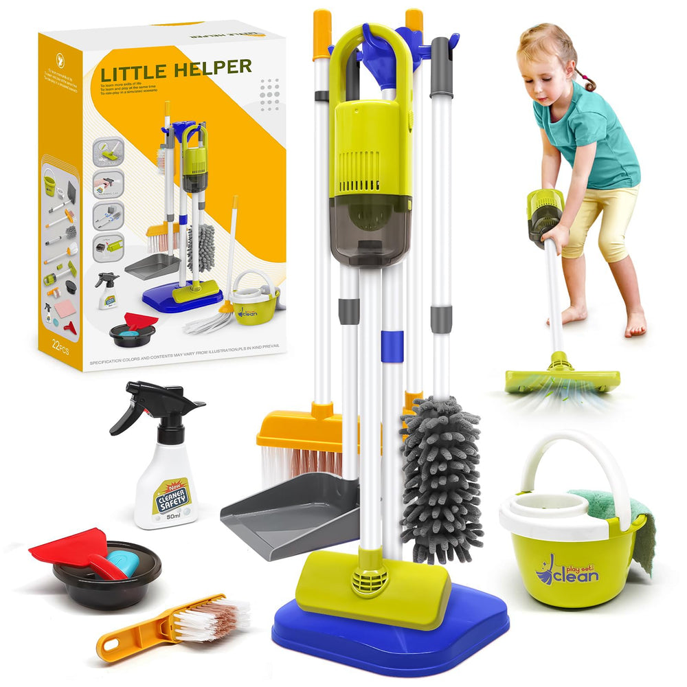 Dreamon toddler cleaning set with broom and dustpan in blue for early tidy habit practice.