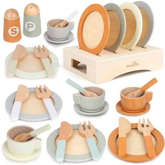Dreamon wooden play dishes 27-piece set inspires imaginative pretend meals