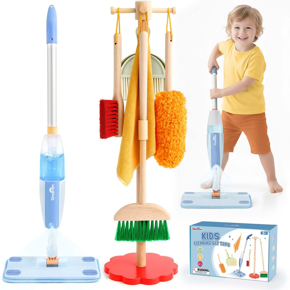 Dreamon wooden toddler cleaning set with real spray mop demonstrates practical life skills.