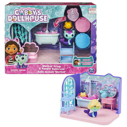 DreamWorks Gabbyβs Dollhouse MerCat primp bath in tub for imaginative pretend spa play.