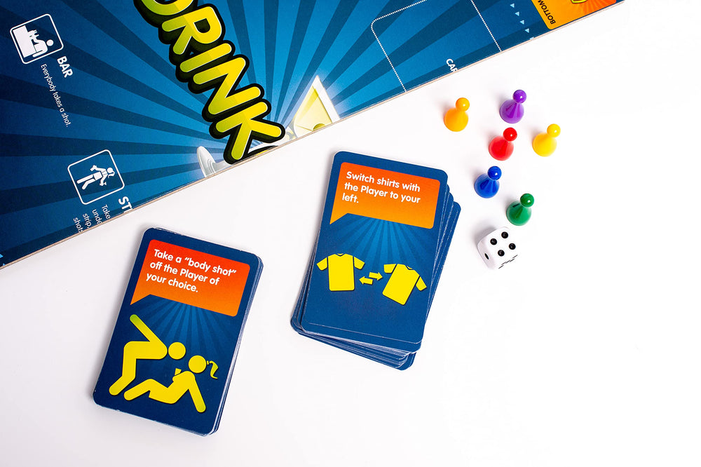 Drinkopoly tokens, dice, and cards enable bold party challenges.