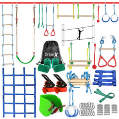 Dripex Ninja Warrior obstacle course setup in backyard for family play and outdoor fitness.