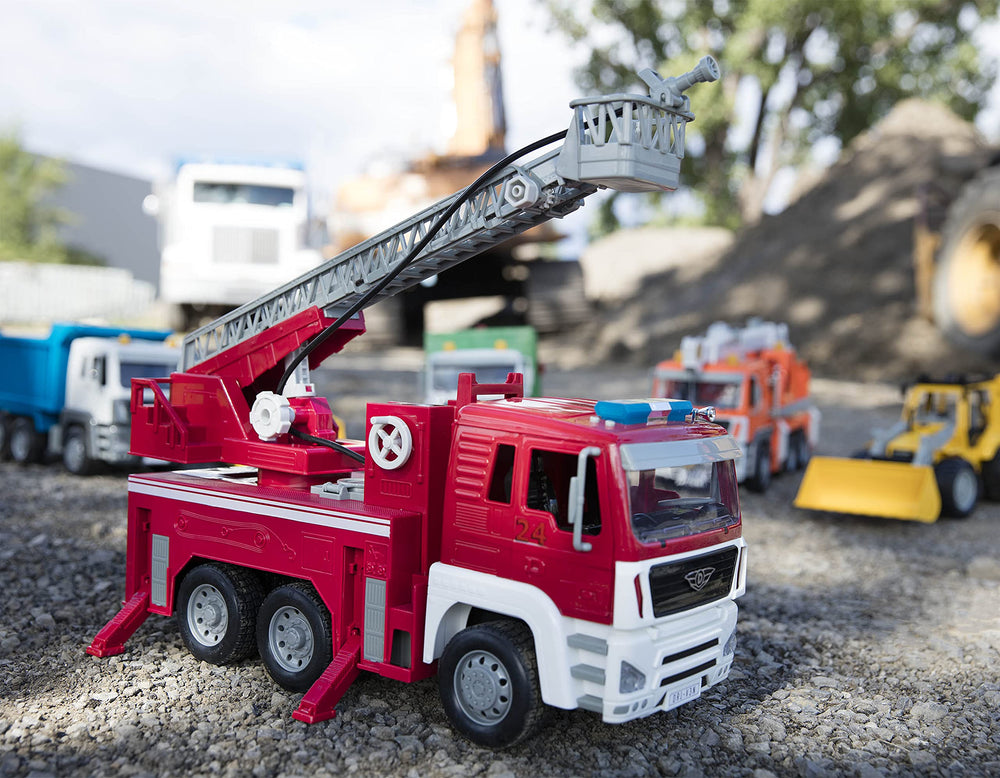 Driven by Battat water hose play enables pretend firefighting moments.