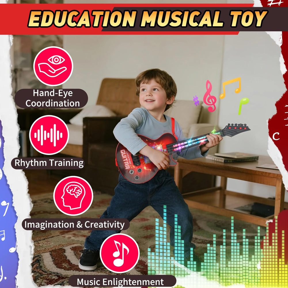 Drmukie Kids Guitar Toy red side angle highlights lightweight design for easy carrying