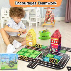 Drofex building blocks forming a small cityscape for pretend play