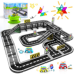 Drofex magnetic tiles road set front view for imaginative play and learning.