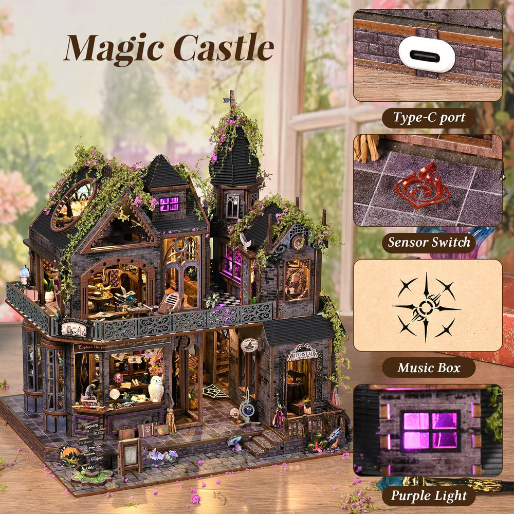 DROICC dollhouse magic city interior features owl, potions, and shelves for storytelling charm.