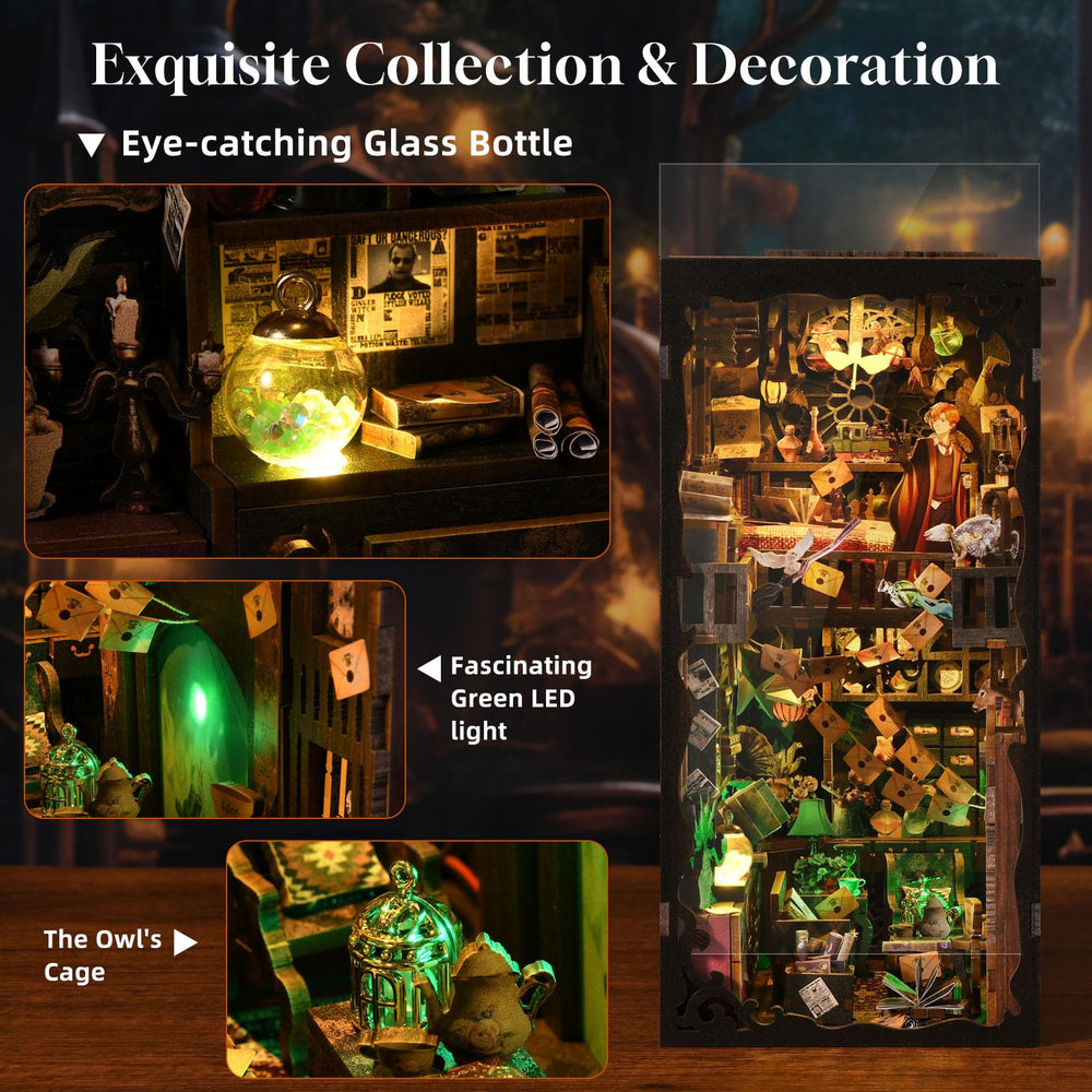 DROICC Green fireplace glow enhances cozy wizard interior