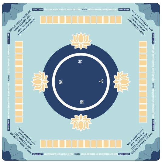 Drounphi Mahjong Mat in blue with lotus design keeps tiles organized during games