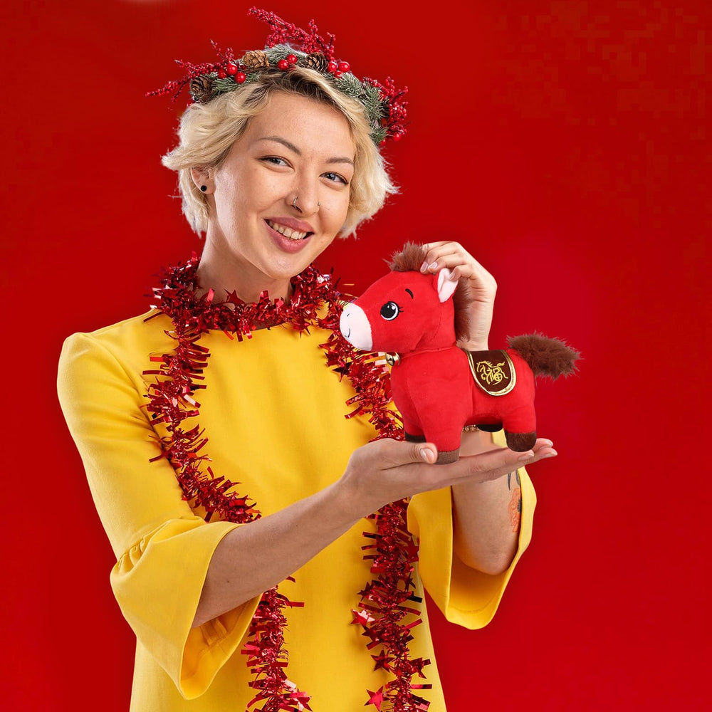 Droutti red yellow Chinese horse plush doll symbolizing luck and celebration
