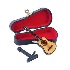 Dselvgvu wooden miniature guitar on a desk creates a charming display piece.